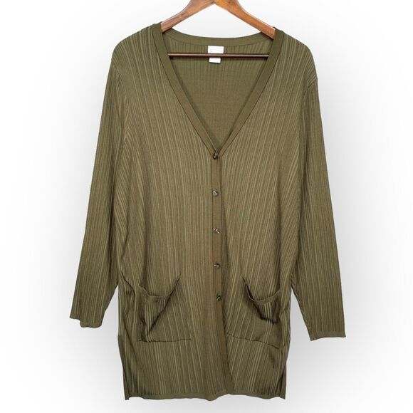 Chico's Flat Back Ribbed Cardigan Sweater Women Size XL Green V Neck Pockets - Picture 1 of 11